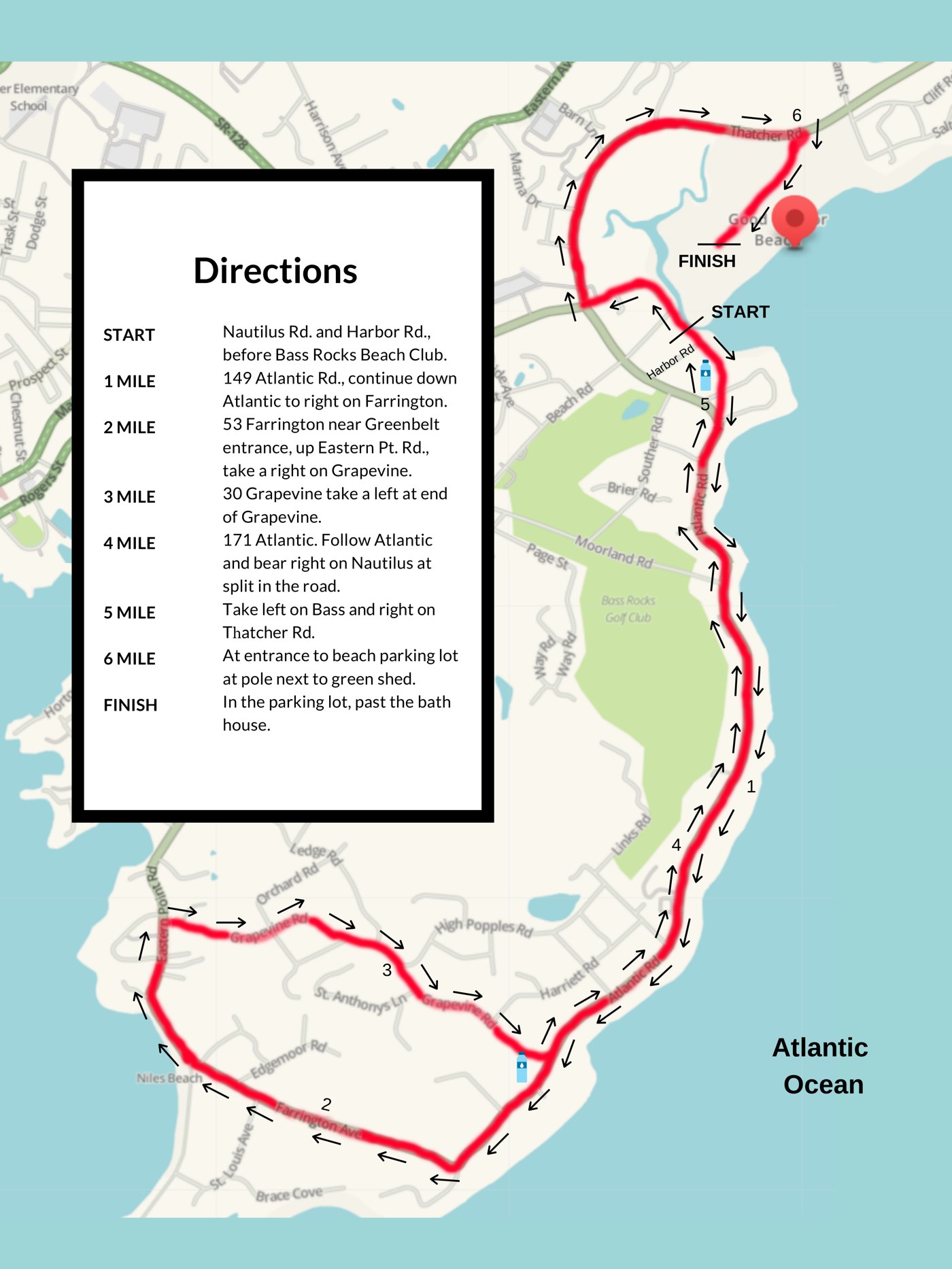 Lone Gull 10K course map — coastal route through Gloucester with mile markers and directions