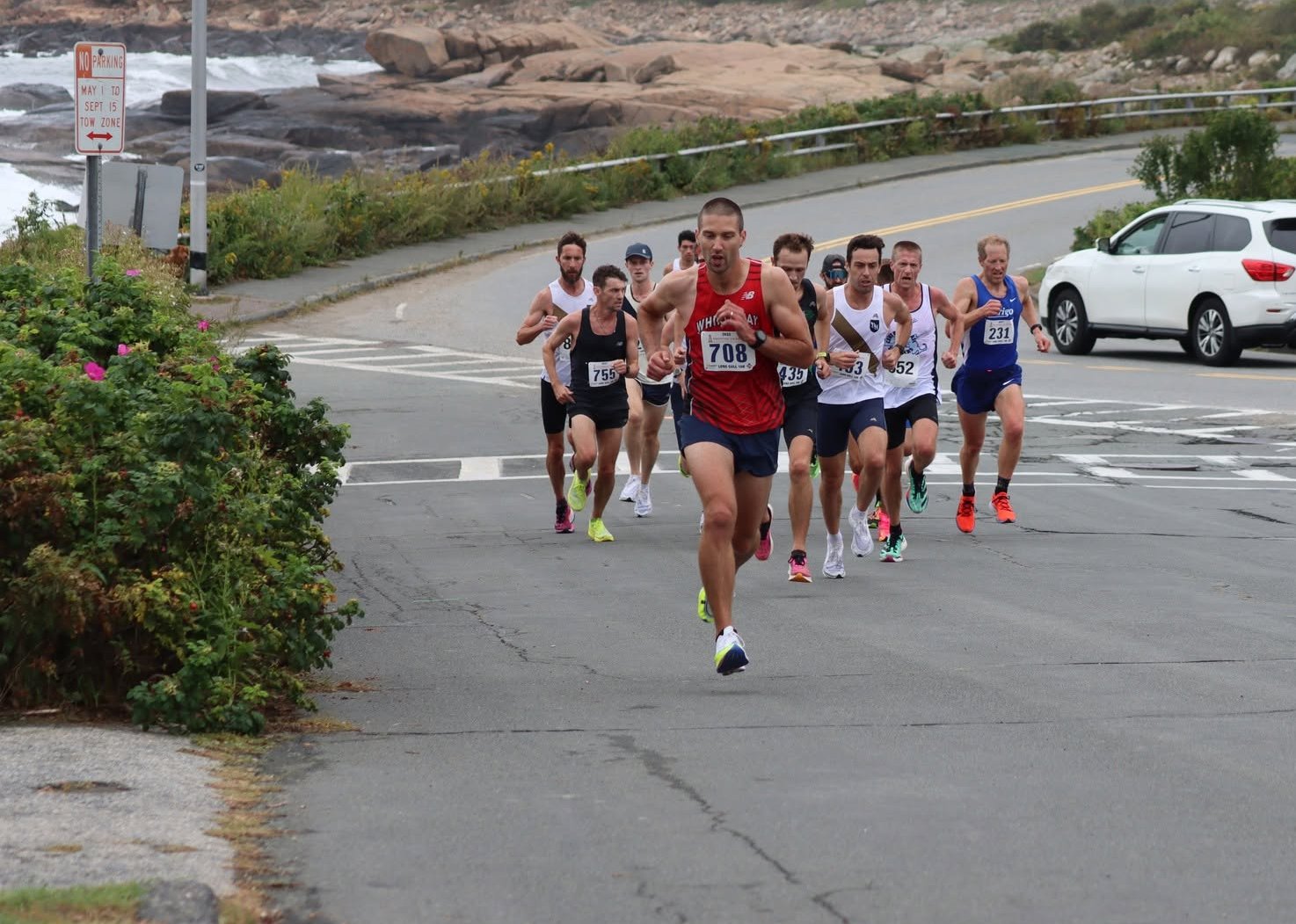 Lone Gull 10K runners along the Gloucester shoreline